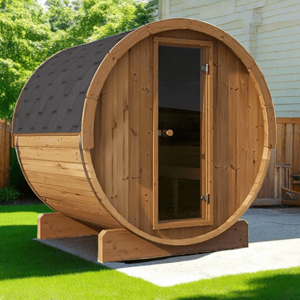 4 Person Model E7 ERGO Series Barrel Sauna by SaunaLife Saunas